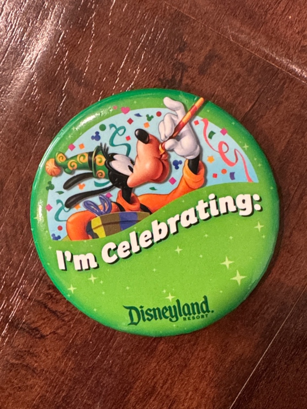 Disneyland 'I'm Celebrating' Goofy Party Button